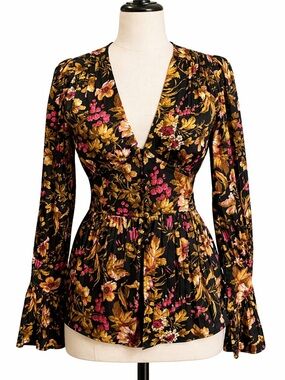 Anthropologie silky top with deep V, bell sleeves, fitted waistline- XXS